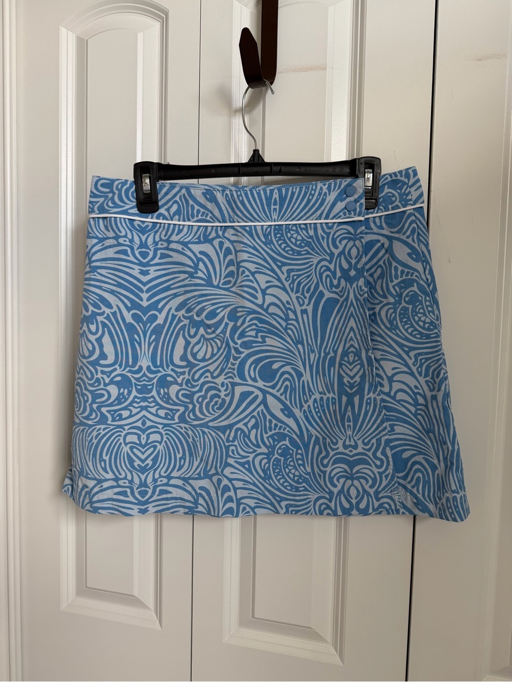 Patagonia Blue and White Wrap Skirt with Swirl Print